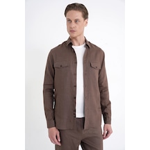 Comfort Fit Yan Cepli %100 Keten Vizon Gömlek Ceket G 1602
