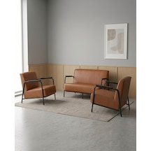 Atlas 2+1+1 Deri Ofis Modern Bekleme Koltuk Takımı Siyah Metal İskelet - Taba