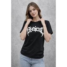 Bisiklet Yaka Ön Baskılı Kısa Kollu Tişört Streetwear Günlük Basic Pamuklu T-shirt - Siyah Siyah