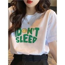 Unisex Beyaz Oversize I Dont Sleep Baskılı Örme T-shirt Beyaz
