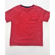 Çocuk Yıkamalı Sıfır Yaka Pamuklu Tshirt-6949-kırmızı