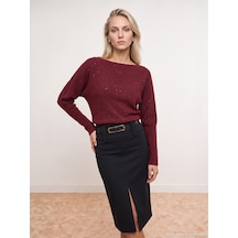 Dilvin 10860 Kayık Yaka Pullu Triko Kazak-bordo