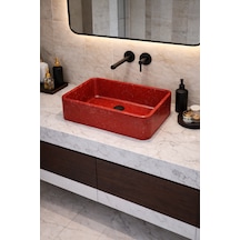 Mermer Desenli Tezgah Üstü Çiftlik Model Taş Lavabo 60 X 40 Cm Bordo