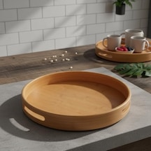 Taşıma Kulplu Yuvarlak Bambu Tepsi 30 Cm Doğal Ahşap Servis Tepsisi Kahve, Kahvaltı Ve Dekoratif Masaüstü Organizeri Açık Bej