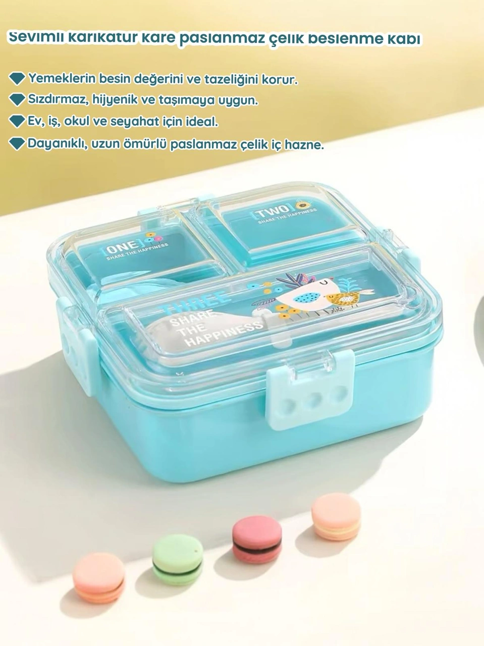 3 Bölmeli Paslanmaz Çelik Mavi Renk Sos Kaplı Beslenme Kabı Yemek Kabı Mavi