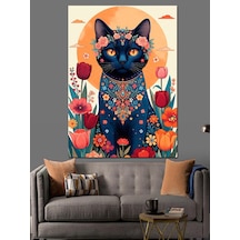 Ahşap Tablo Çiçek Desenli Mistik Kedi