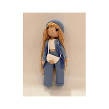 El Yapımı Amigurumi Örgü Bebek 28 Cm Renkli Hırkalı Uzun Saçlı Tığ İşi Oyuncak Bebek Hediyelik Pastel Mavi