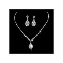 Shine Işıltılı Kristal Su Damlası Taşlı Su Yolu Gümüş Kaplama Şık Kolye Küpe Düğün/ Hediye Takı Seti Pembe - Beyaz