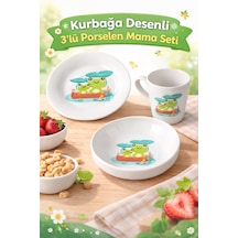 Kurbağa Desenli 3 Lü Porselen Çocuk Mama Seti Tabak Kase Kupa Beyaz