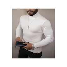 Genel Markalar Erkek Kaşkorse Boğazlı Full Likralı Fitilli Body Kazak - Beyaz