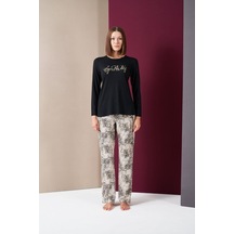 Pjs 26020 Kadın Love Yourself Yuvarlak Yaka Leopar Desen Uzun Kol Pijama Takım Siyah