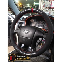 Hyundai Sonata Ef Dikme Direksiyon Kılıfı Alcantara Süet Mat Karbon Kırmızı Yüzük Ve Dikiş 2001-2005 Siyah