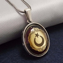 Çift Taraflı Ayyıldız Ve Tuğra Figürlü Gümüş Kehribar Kolye Gümüş