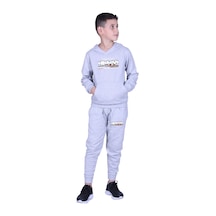 Fyk Kids Kapüşonlu Kanguru Cepli Creative Yazı Baskılı Erkek Çocuk Eşofman Takımı Gri