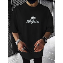Unisex Siyah Oversiz Palmiye Los Angeles Baskılı Örme T-shirt Siyah
