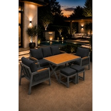 Garden Balkon Takımı, Gri Bahçe Takımı 5+1 Masa 70x110 3lü Koltuk 70x180 Tekli Koltuk 70x70 2 Adet Puf Antrasit