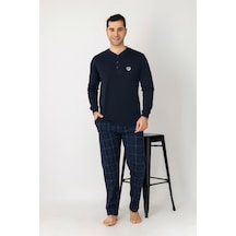 Estiva Erkek Kareli Alt Desenli Lacivert Uzun Kollu Patlı Penye Pijama Takımı Çok renkli