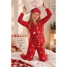 Free Beka Yılbaşı Desenli Uzun Kollu Önden Düğmeli Gömlek Yaka Kız Çocuk Pijama Takımı Kırmızı