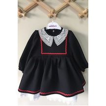 Dantel Ve Su Taşı Detaylı Krep Siyah Kız Çocuk Bebek Elbise