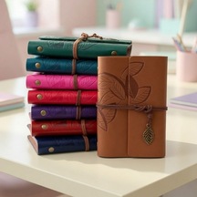 Premium Not Alma Yazı Defteri Hatırat Yaprak Desenli Deri Defter Çok Renkli