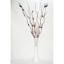 60 Cm Beyaz Desenli Vazo 5 Adet Mor Çiçek 5 Adet Kahverengi Dal