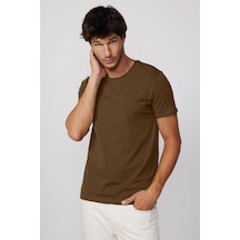 Tudors Erkek Slim Fit Dar Kesim Pamuklu Yumuşak Doku Likralı Esnek Kumaş Kahverengi Bisiklet Yaka Tişört-35592 Kahverengi