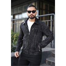 Vintage Kadife Deri Yaka Detaylı Ceket Siyah