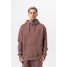 Erkek Respire Yazı Detaylı Kapüşonlu Basic Oversize Hoodie Kakao Kahverengi