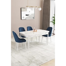 Familieconcept Almira Serisi, Beyaz Mermer Desen 80x132 Açılabilir Mdf Mutfak Masası Takımı 4 Adet Sandalye Lacivert