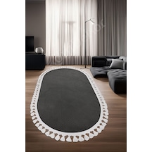 Dijidekor Halı Cool Antrasit Pramit Desenli Saçaklı Oval Kesm...