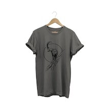 Avcılık Dağ Keçisi Baskılı %100 Pamuk Regular Fit Bisiklet Yaka Gri T-shirt Gri
