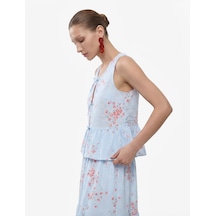 Koton Yuvarlak Bağcıklı Yaka Fiyonklu Kolsuz Çizgili Çiçekli Fırfırlı Peplum Bluz Pembe Desenli 6sak60255ew