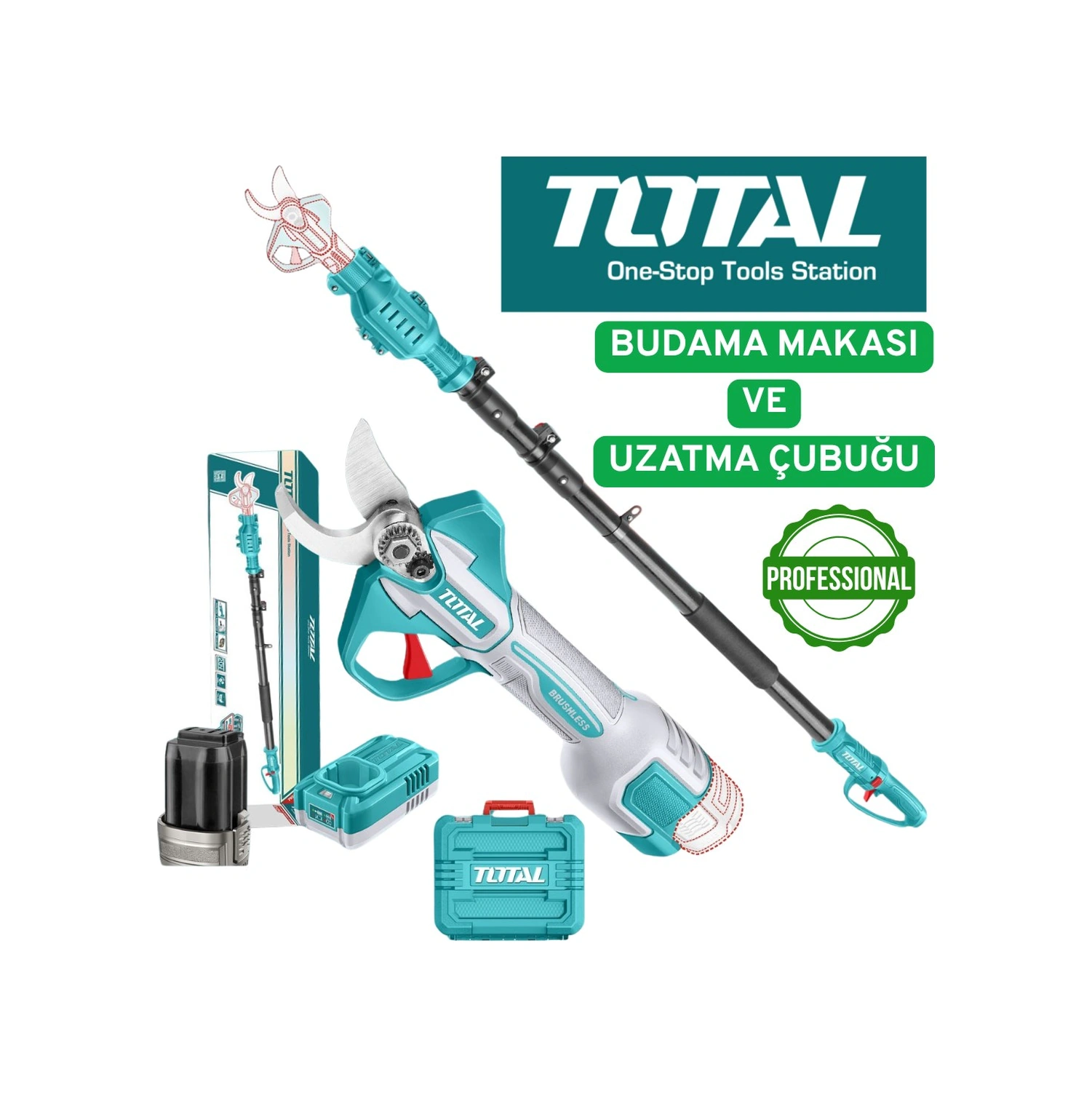 Total Li-ion Çift Akülü Budama Makası + Yüksek Dal Budama Uzatma Çubuğu Teleskopik