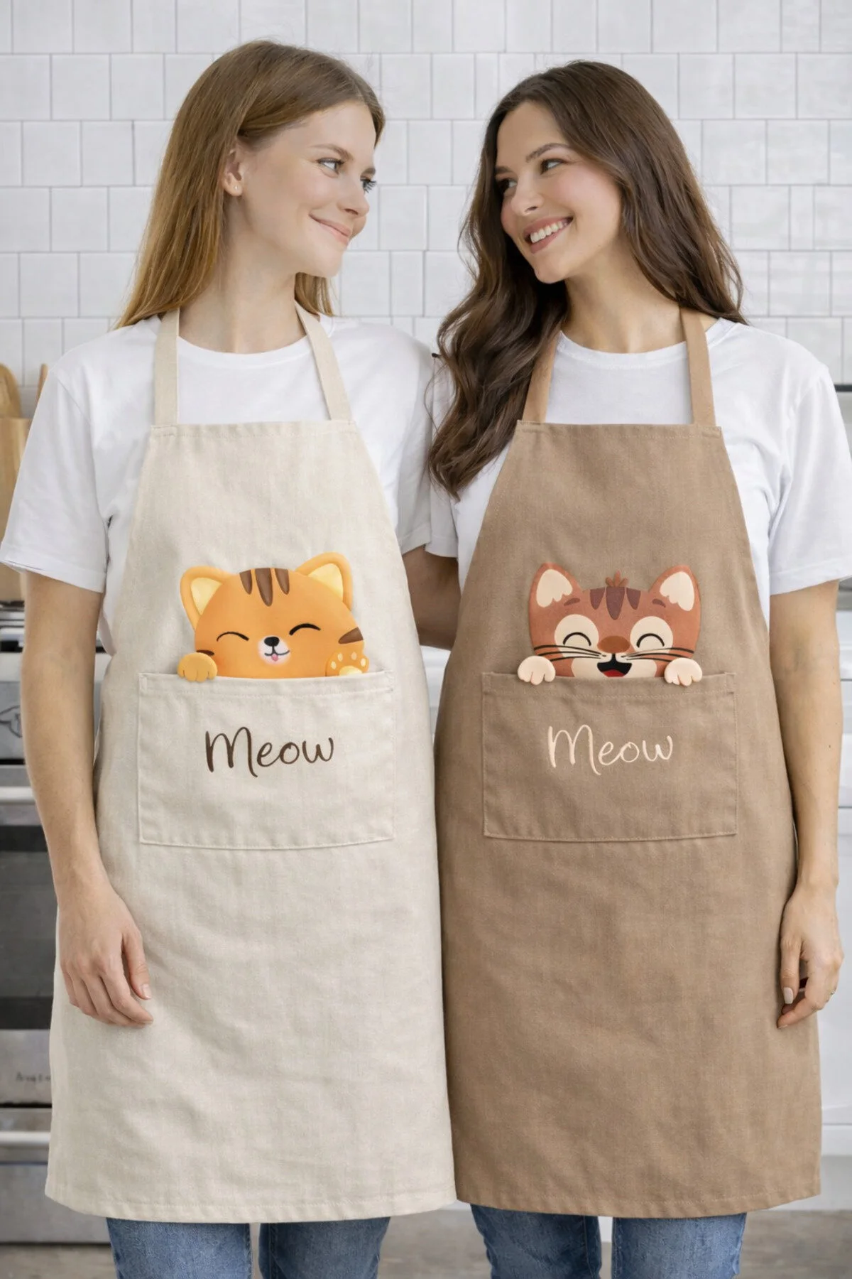 Ays Home Krem Taba Kedi Baskılı Cepli 2'li Mutfak Önlüğü Seti Bej