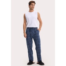 Tudors Erkek Standart Fit Normal Kesim Pamuklu Kareli Beli Bağcıklı Cepli Lacivert Pijama Altı-51261