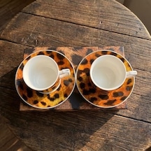 2'li Porselen Kahve Fincanı Takımı - 100 Cc Leopar Desenli Altın Yaldızlı Premium Türk Kahvesi Ve Espresso Fincan Seti Açık Ahşap