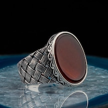 925 Ayar Gümüş Oval Kırmızı Akik Taşlı Örgü Desenli Erkek Yüzük - 554220170