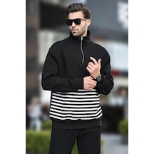Madmext Siyah Fermuar Yakalı Çizgili Sweatshirt 7056-siyah Siyah