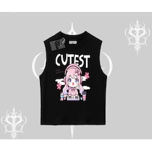 Tarzsokak Kolsuz Tshirt Cute Anime Gamer Girl Baskılı Siyah