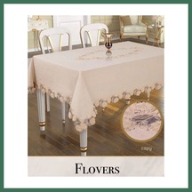 En-cag Flowers Model Kapiçino 160x220cm Keten 3d İşlemeli Dantelli Şık Yemek Masası Bss