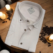 Linen Keten Klasik Kısa Kollu Ekru Çift Cepli Erkek Gömlek Regular Kalıp -9997 Ekru