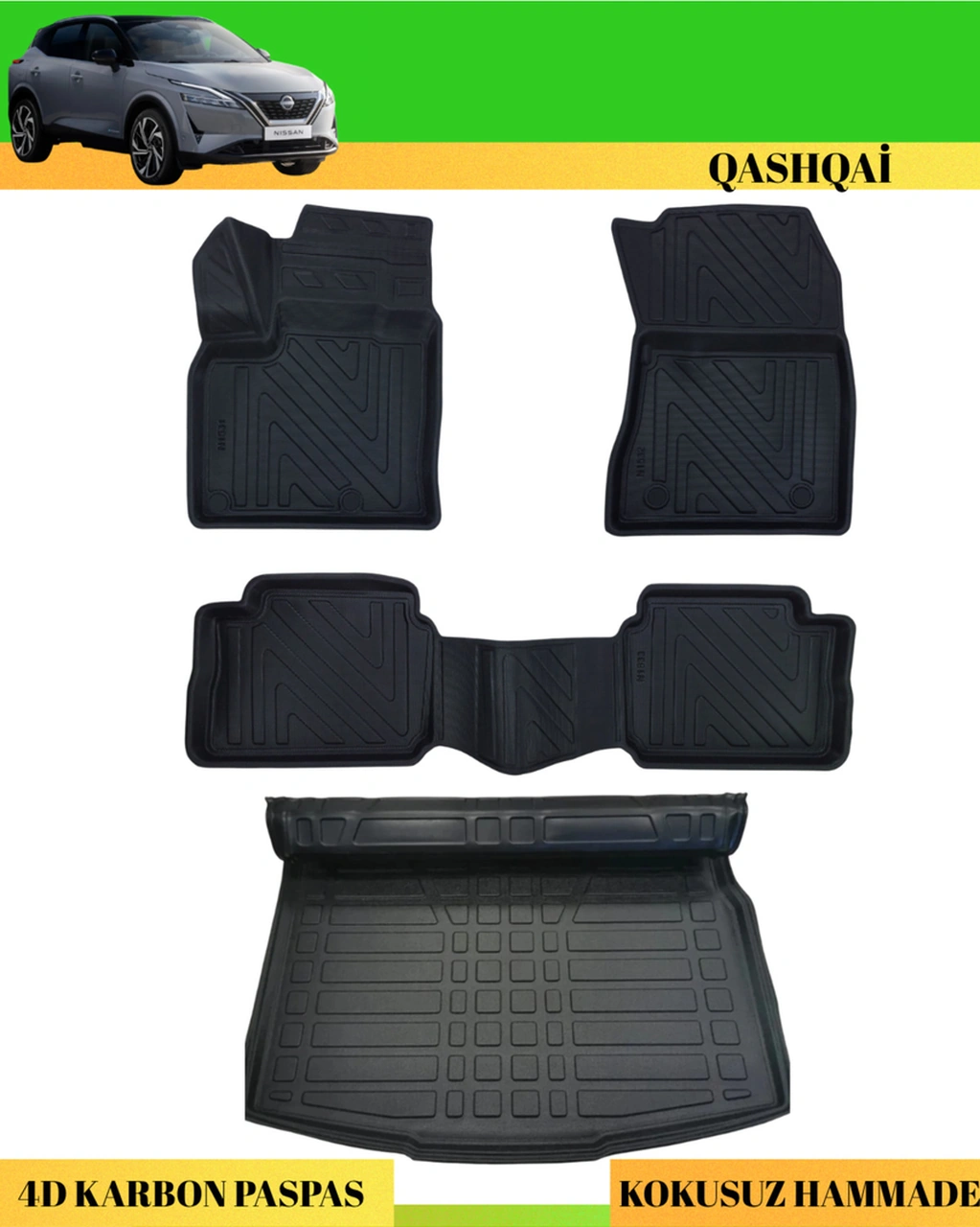 Qashqai E Power 2022+ Araca Özel Üretim 4d Havuzlu Karbon Paspas Takımı + 3d Bagaj Havuzu
