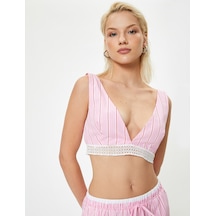 Koton Derin V Yaka Büstiyer Çizgili Dantel Detaylı Slim Fit Pınk Strıpe 4sak30121pw Pembe Çizgili