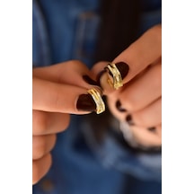 Papatya Silver 925 Ayar Gümüş Gold Kaplama Zirkon Taşlı Geometrik Desenli Halka Küpe