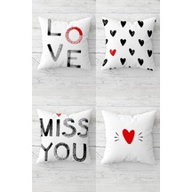 Miss You Love Sevgili Temalı Gizli Fermuarlı Kırlent Kılıfı Koltuk Yastık Kılıfı Takım 4adet , Gri-kırmızı-beyaz 43 X 43 50 x 22