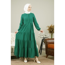 Kadın Kolları Lastikli Eteği Katlı Düğmeli Uzun Elbise Zümrüt Yeşili - Zümrüt Yeşili