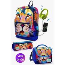 Lacivert Saks Aslan Desenli Coral High Kids Usb'li 3 Lü Okul Çanta Seti Goset0123841