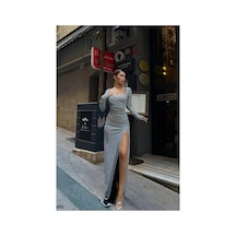 DefyModa Kadın Kalp Yaka Yırtmaçlı Uzun Kollu Abiye Elbise Gri