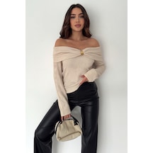 Noa & Noa Kadın Omuz Açık Toka Detaylı Bluz Burgundy Charm Bej