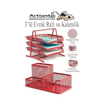 Kırmızı Metal Evrak Rafı 3 Lü Ve Masaüstü Kalemlik 1 Paket Masaüstü A4 Dosya 3 Katlı Düzenleyici Kağıt Tepsisi Metal Kırmızı